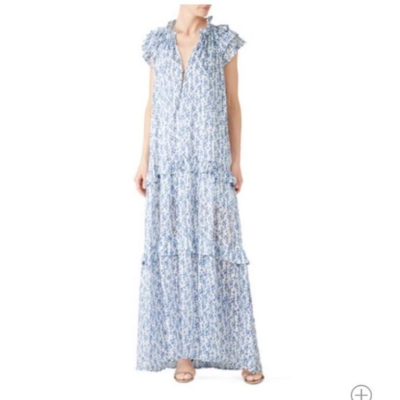 Sabina Musayev Blue Floral Maxi Dress Short Sleeves Ruffled Pattern Extra  Large